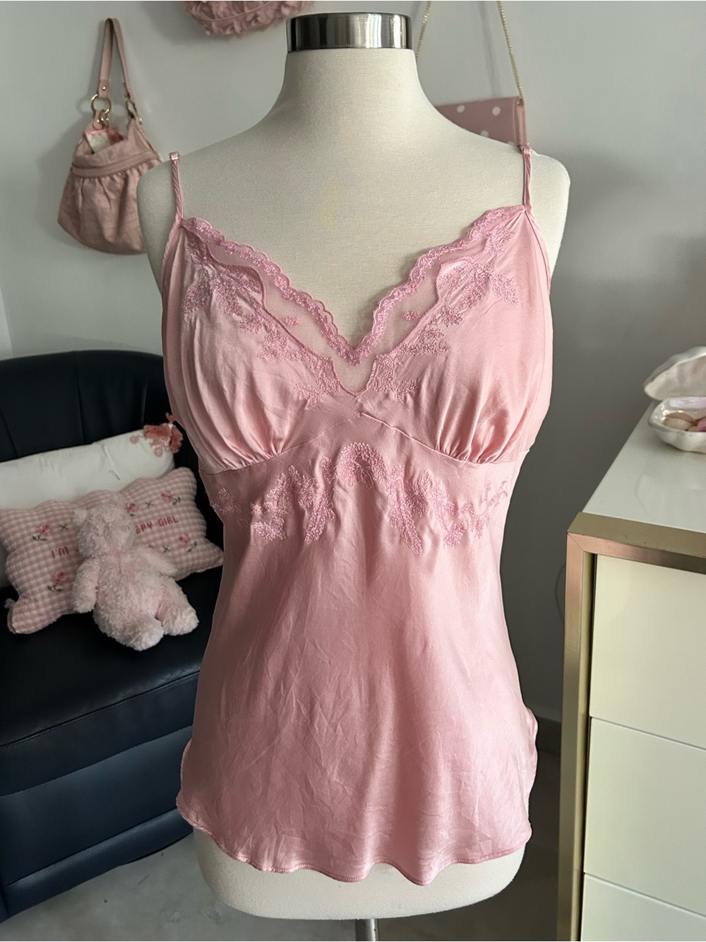 100% Silk Beaded Lace Trim Pink Camisole Tank Top